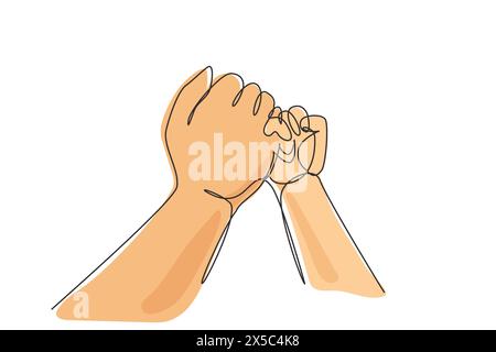 Continuous one line drawing mother and child's hand gesturing keeping promise. Tiny Newborn Baby's and female hands. Mom and her Child. Happy Family c Stock Vector