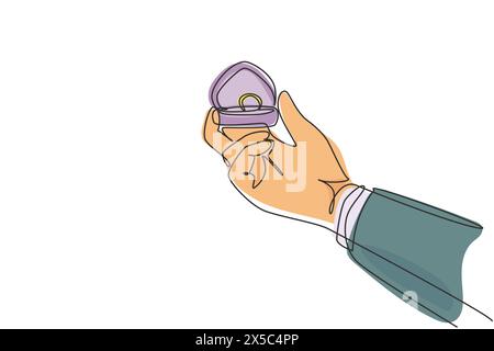 Single continuous line drawing hand holding box wedding ring. Groom's gift for bride on their special day. Marriage ceremony celebration. Dynamic one Stock Vector