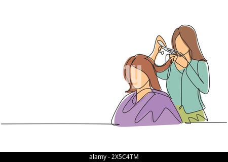 Single one line drawing pretty brunette working as hairdresser and cutting hair tips of female customer in beauty salon. Hair style concept. Continuou Stock Vector