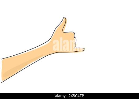 Single one line drawing hand making hang lose sign. Hawaiian hand sign or symbol. Communication with hand gestures. Nonverbal signs or symbols. Contin Stock Vector