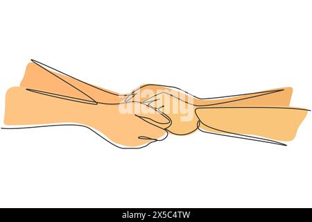 Single one line drawing two hands holding each other. Sign or symbol of love, relationship, couple, marriage. Communication with hand gestures. Contin Stock Vector