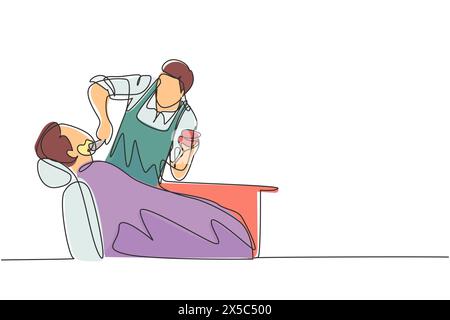 Single continuous line drawing hipster client visiting barber shop. Sitting on chair to shave his beard. Hairstylist serving client at barber shop. On Stock Vector