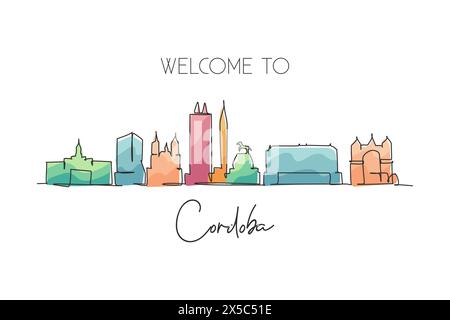 Single continuous line drawing Cordoba skyline, Argentina. Famous city scraper landscape. World travel home wall decor art poster print gallery concep Stock Vector