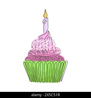 Continuous one line drawing yummy cupcake with candle. Sweet tasty cake. Delicious dessert for dinner. Snack in birthday party. Swirl curl style. Sing Stock Vector