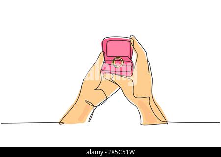 Single continuous line drawing female hand holding red box with gold ring. Groom's gift for bride on their special day. Marriage celebration. Dynamic Stock Vector