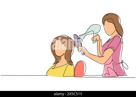 Single one line drawing happy young woman in hair salon. Going for change of style, discussing hairstyling with her hairdresser holding hair dryer. Mo Stock Vector