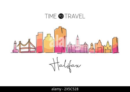 Continuous one line drawing Halifax city skyline, Nova Scotia Canada. Beautiful landmark. World landscape tourism travel wall decor poster print. Styl Stock Vector