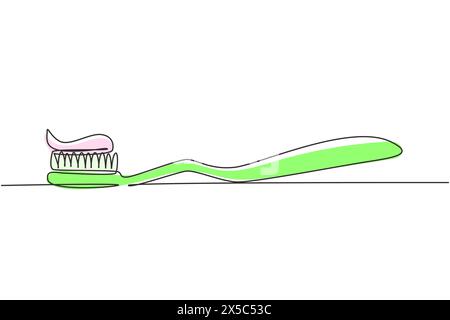 Single one line drawing toothbrush with toothpaste. Dental care equipment at home. Brushing teeth. Teeth care concept. Oral care center. Modern contin Stock Vector