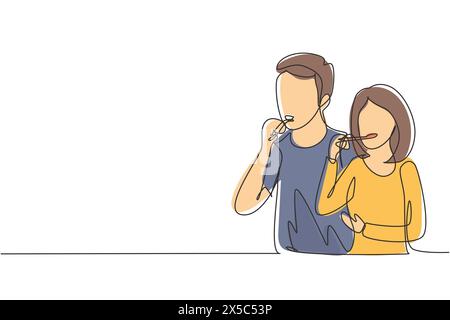 Continuous one line drawing happy couple bonding while brushing teeth in bathroom. Routine habits for cleanliness and health of mouth and teeth. Singl Stock Vector