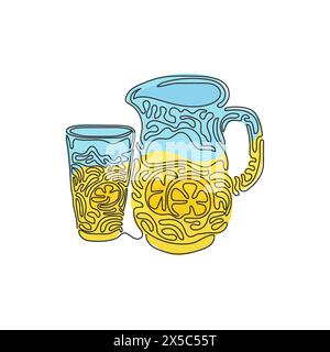 Single continuous line drawing lemonade in jug and glass. Glass and pitcher with lemons and ice cubes. Freshness cold drink. Swirl curl style. Dynamic Stock Vector