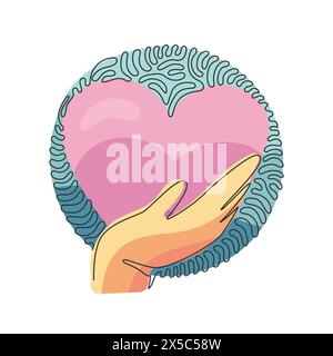 Single continuous line drawing hand holding heart icon. Save life or health care symbol. Swirl curl circle background style. Isolated vector symbol. O Stock Vector