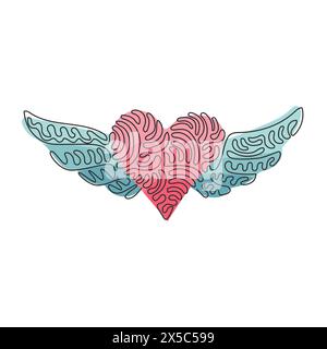 Single continuous line drawing heart with open wings holiday romantic decoration logo vector image. Swirl curl style. Dynamic one line draw graphic de Stock Vector