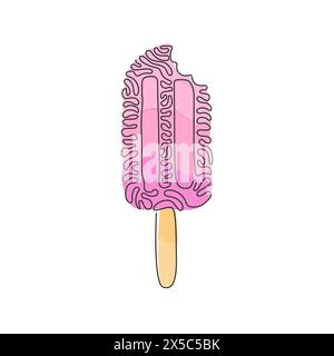 Continuous one line drawing frozen popsicle have been bitten. Tasty ice cream on stick for dessert. Delicious cold summer snack. Swirl curl style. Sin Stock Vector