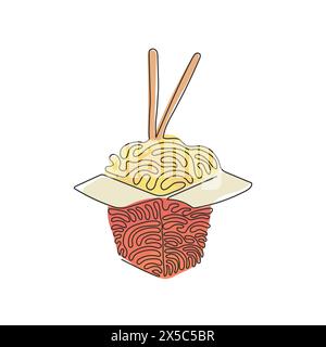 Single continuous line drawing noodle in box. Asian ramen oriental, traditional Chinese restaurant with pasta and chopsticks. Swirl curl style. Dynami Stock Vector