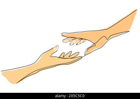 Continuous one line drawing two hands reaching for each other. Sign or symbol of love, hope, caring, helping. Communication with hand gestures Single Stock Vector