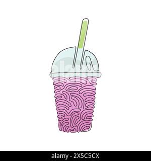 Single continuous line drawing cute Boba bubble milk tea. Delicious pearl milk tea in plastic cups with straw. Popular drink. Swirl curl style. Dynami Stock Vector