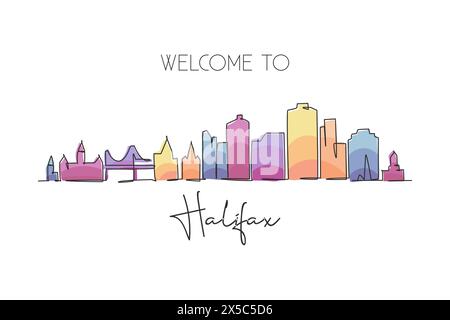 Single one line drawing Halifax city skyline, Nova Scotia, Canada. World historical town landscape. Best holiday destination postcard print art. Trend Stock Vector