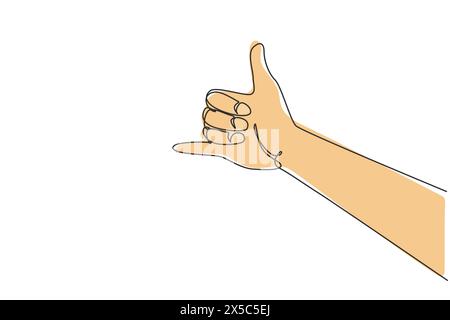 Single continuous line drawing shaka sign gesture. Hawaiian hand sign or symbol. Communication with hand gestures. Nonverbal signs or symbols. Dynamic Stock Vector