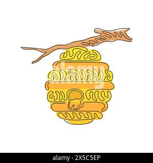 Continuous one line drawing honey hive hanging on branch of tree with honey drop. House of bee. Source of honey. Healthy food. Swirl curl circle style Stock Vector