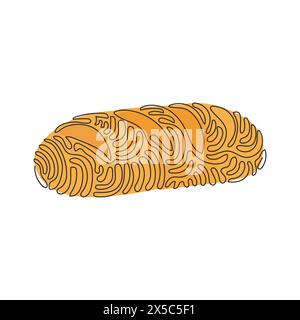 Continuous one line drawing baguette loaf of bread. White yeast bread. Appetizing long loaf for breakfast. Tasty bakery products. Swirl curl style. Si Stock Vector