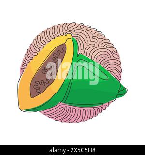 Continuous one line drawing whole and sliced sweet papaya fruit. Ripe papaya fruit with seeds. Tasty appetizer. Swirl curl circle background style. Si Stock Vector