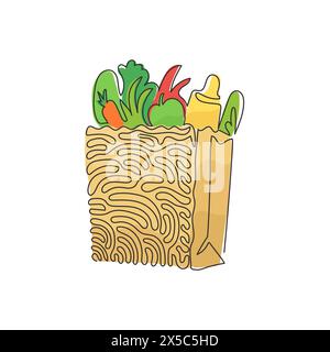 Continuous one line drawing grocery bag with vegetables. Paper package with agricultural products and fruits. Paper bag in swirl curl style. Single li Stock Vector