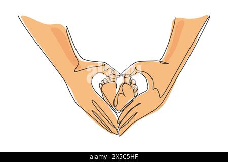 Single one line drawing baby's foot hold by father's hand finger making love shape. Beautiful sleeping baby girl. Newborn baby girl. Modern continuous Stock Vector