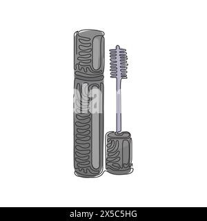 Continuous one line drawing black mascara bottle. Brush and mascara tube. Fashionable cosmetics makeup design for eyes. Swirl curl style concept. Sing Stock Vector