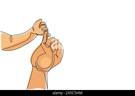 Single continuous line drawing parent hands holding newborn baby fingers. Close up mother’s hand holding their new born baby. Mother’s day concept. On Stock Vector