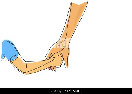 Single one line drawing parent holds hand of small child. Childhood with family. Boy have bonding with his father. Hero father and family pride. Conti Stock Vector