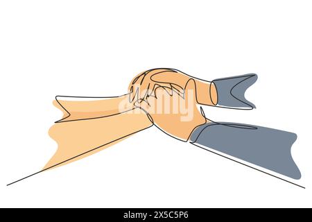 Single one line drawing old middle aged people holding hands close up view. Trust in happy marriage. Empathy hope understanding love for many years. C Stock Vector