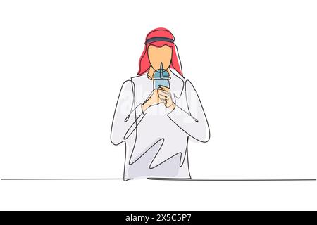 Single continuous line drawing young Arabian male hold plastic cup and drink iced green tea with straw. Make him refreshing in summer season. Dynamic Stock Vector