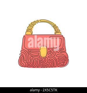 Single one line drawing women handbags collection of fashionable items. Bags with zippers, pockets, handles and adjustable shoulder straps lace. Swirl Stock Vector