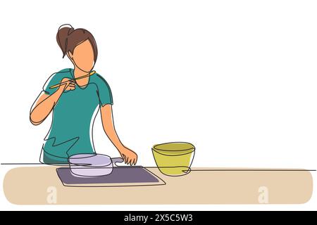 Single continuous line drawing beautiful woman mixing tomato sauce, tasting, and relish meal with wooden spatula. Prepare food at cozy kitchen. Dynami Stock Vector
