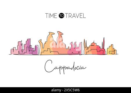 Continuous one line drawing Cappadocia city skyline, Turkey. Beautiful landmark artwork. World landscape tourism travel wall decor poster print art. S Stock Vector