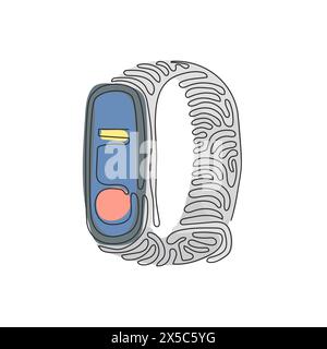 Single one line drawing smart band fitness tracker hand path. Digital smart fitness watch bracelet with touchscreen. Swirl curl style. Modern continuo Stock Vector