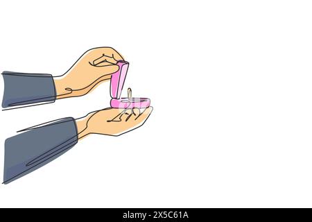 Single continuous line drawing hand holding red velvet box for ring. Groom's gift for bride on their special day. Marriage ceremony celebration. Dynam Stock Vector