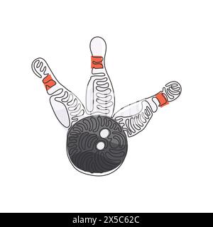 Single continuous line drawing Bowling ball and pins. Sports equipment. Bowling ball crashing into pins. Bowling ball striking pins. Swirl curl style. Stock Vector