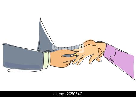 Single one line drawing groom puts ring on finger of bride. Bride and groom make vow of loyalty on their wedding day. Marriage ceremony celebration co Stock Vector