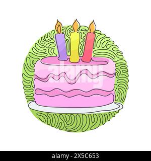 Single one line drawing birthday cake with three candles burning. Tasty dessert main dish of birthday party. Swirl curl circle background style. Conti Stock Vector