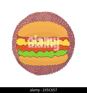 Single one line drawing hamburger, cheeseburger. Bun with cutlet, cheese, lettuce, tomato. Street fast food. Swirl curl circle background style. Conti Stock Vector