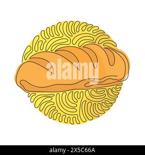 Single continuous line drawing baguette loaf of bread. White yeast bread. Appetizing long loaf. Bakery products. Swirl curl circle background style. O Stock Vector