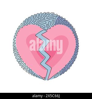 Single continuous line drawing love shape broken in two. Emoji of heartbreak, broken heart or divorce icon. Swirl curl circle background style. Dynami Stock Vector
