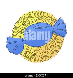 Continuous one line drawing candy in wrappers. Sweet candies for dessert. Kids favorite snacks. Sugary foods. Swirl curl circle background style. Sing Stock Vector