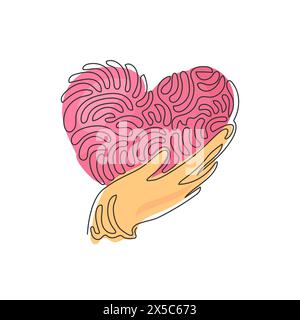 Single one line drawing hand holding heart icon. Save life or health care symbol. Swirl curl style. Isolated vector symbol. Modern continuous line dra Stock Vector