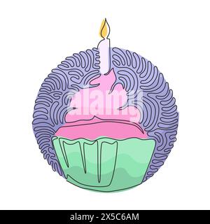 Single one line drawing yummy cupcake with candle. Sweet tasty cake. Delicious dessert for dinner. Swirl curl circle background style. Modern continuo Stock Vector