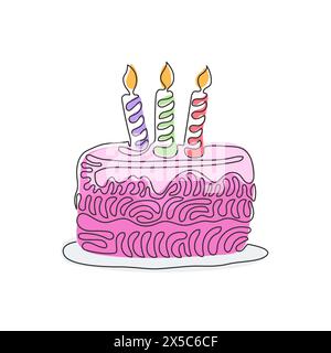 Single continuous line drawing birthday cake with three candles burning. Tasty dessert main dish of celebration birthday party. Swirl curl style. One Stock Vector