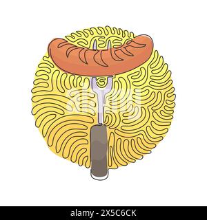 Single one line drawing grilled sausage line and glyph icon, barbecue and food, sausage on fork sign. Swirl curl circle background style. Modern conti Stock Vector