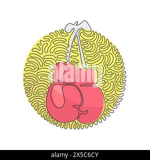 Single continuous line drawing boxing glove hanging on lace. Boxer sportswear for punch workout. Symbol of fight. Swirl curl circle background style. Stock Vector