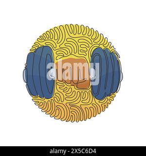 Single continuous line drawing hand with dumbbell. Dumbbell in hand. Gym, fitness, sport label. Train hard. Stay strong. Swirl curl circle background Stock Vector
